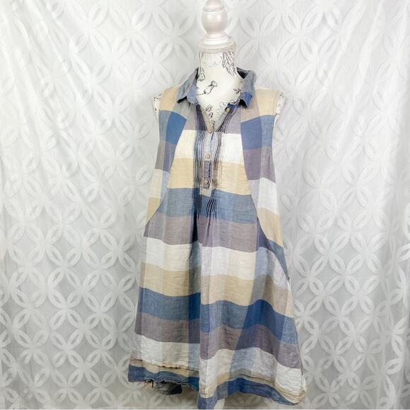 Yuvita Chambray Sleeveless Pintuck Plaid Linen Dress Lagenlook Blue Size S $148 - Picture 5 of 11
